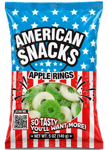 American Snacks Apple Rings bag, net weight 5 oz (140 g)