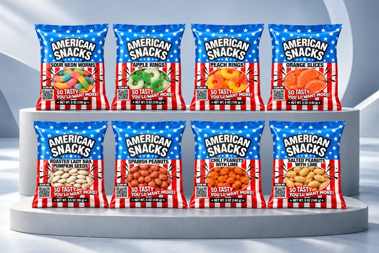 All 8 American Snacks bags on display: Sour Neon Worms, Apple Rings, Peach Rings, Orange Slices, Roasted Lady Nail Pumpkin Seeds, Spanish Peanuts, Chili Peanuts with Lime and Salted Peanuts with Lime