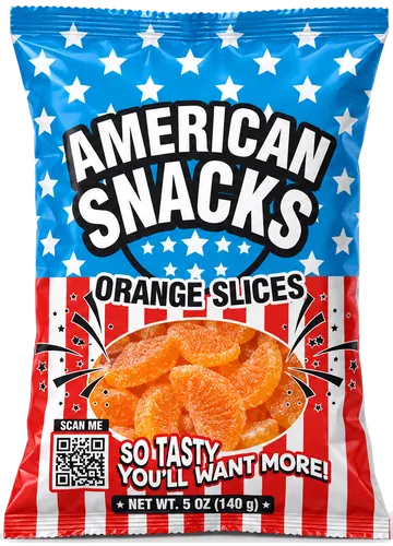 American Snacks Orange Slices bag, net weight 5 oz (140 g)