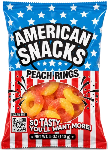 American Snacks Peach Rings bag, net weight 5 oz (140 g)