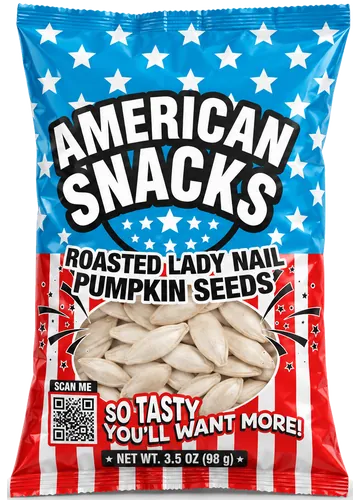 American Snacks Roasted Lady Nail Pumpkin Seeds bag, net weight 3.5 oz (98 g)