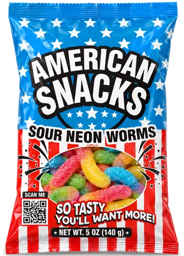American Snacks Sour Neon Worms bag, net weight 5 oz (140 g)